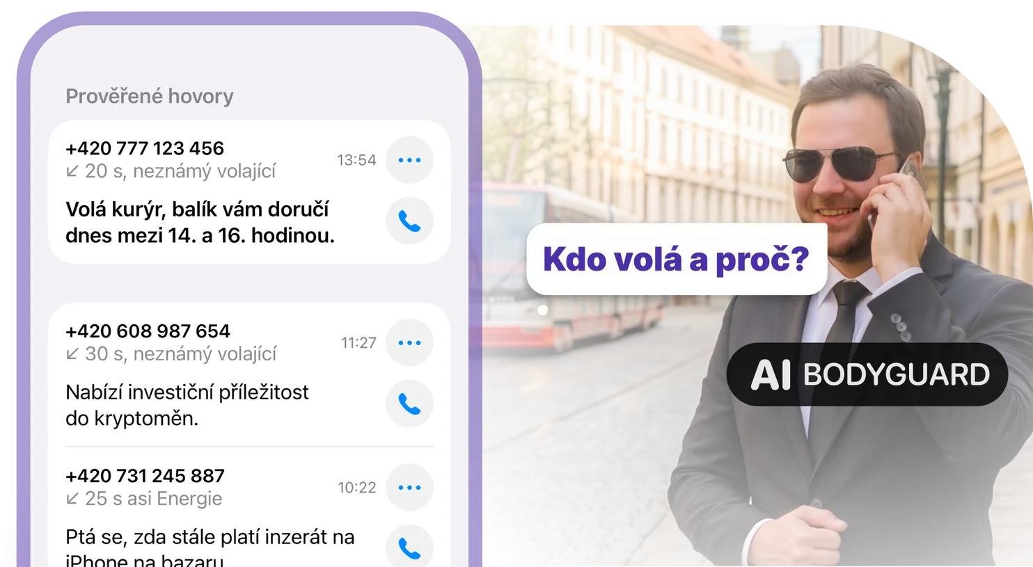 Screened calls in the app: an AI Bodyguard answers unknown callers and leaves a short Czech summary of who called and why.